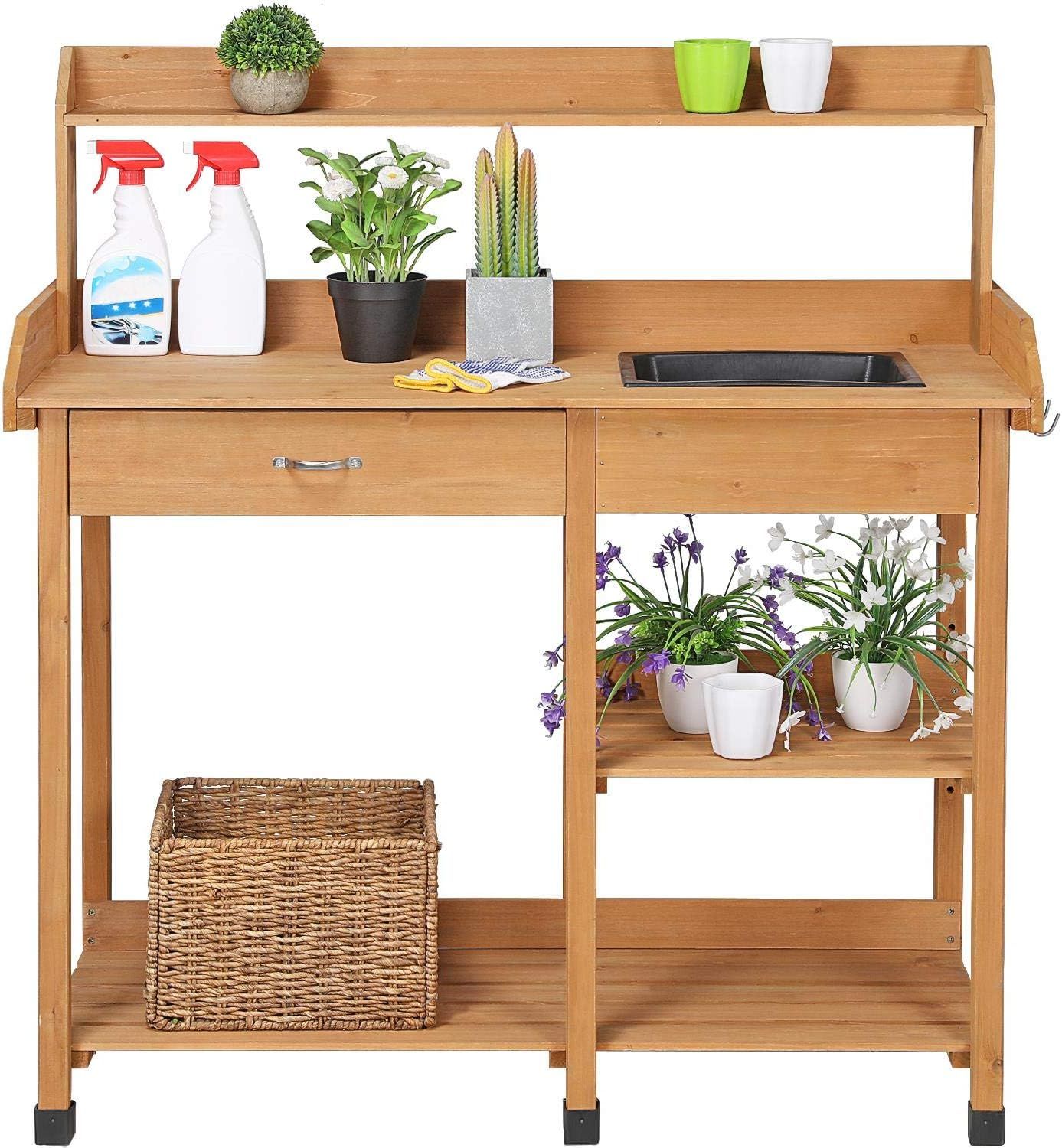 Natural Fir Wood Garden Potting Bench with Removable Sink