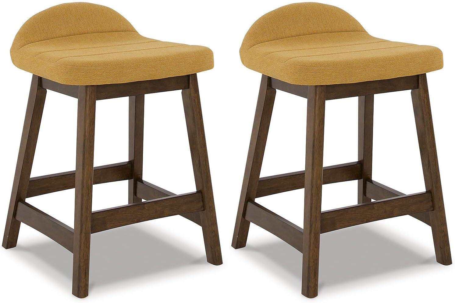 Mustard Upholstered Wood Counter Height Bar Stools, Set of 2