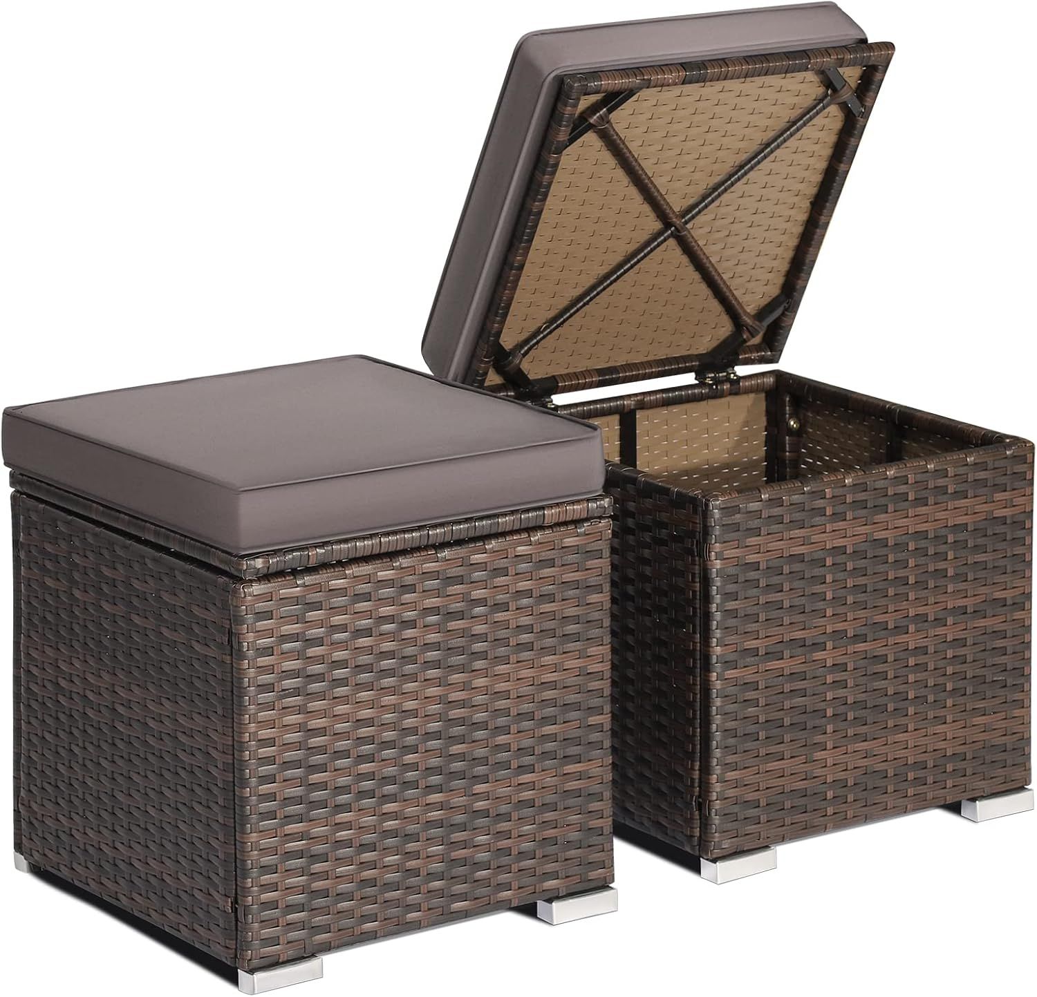 Gray Rattan Outdoor Storage Ottoman Set with Cushions