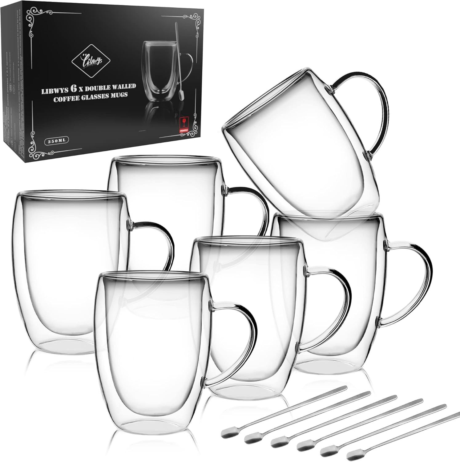 LIBWYS 12oz Clear Double Walled Glass Coffee Mugs Set