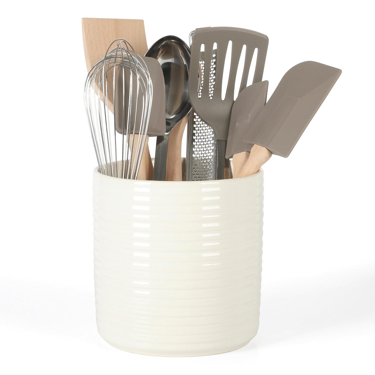 Linen White Ceramic Crock with Grey Kitchen Tools Set