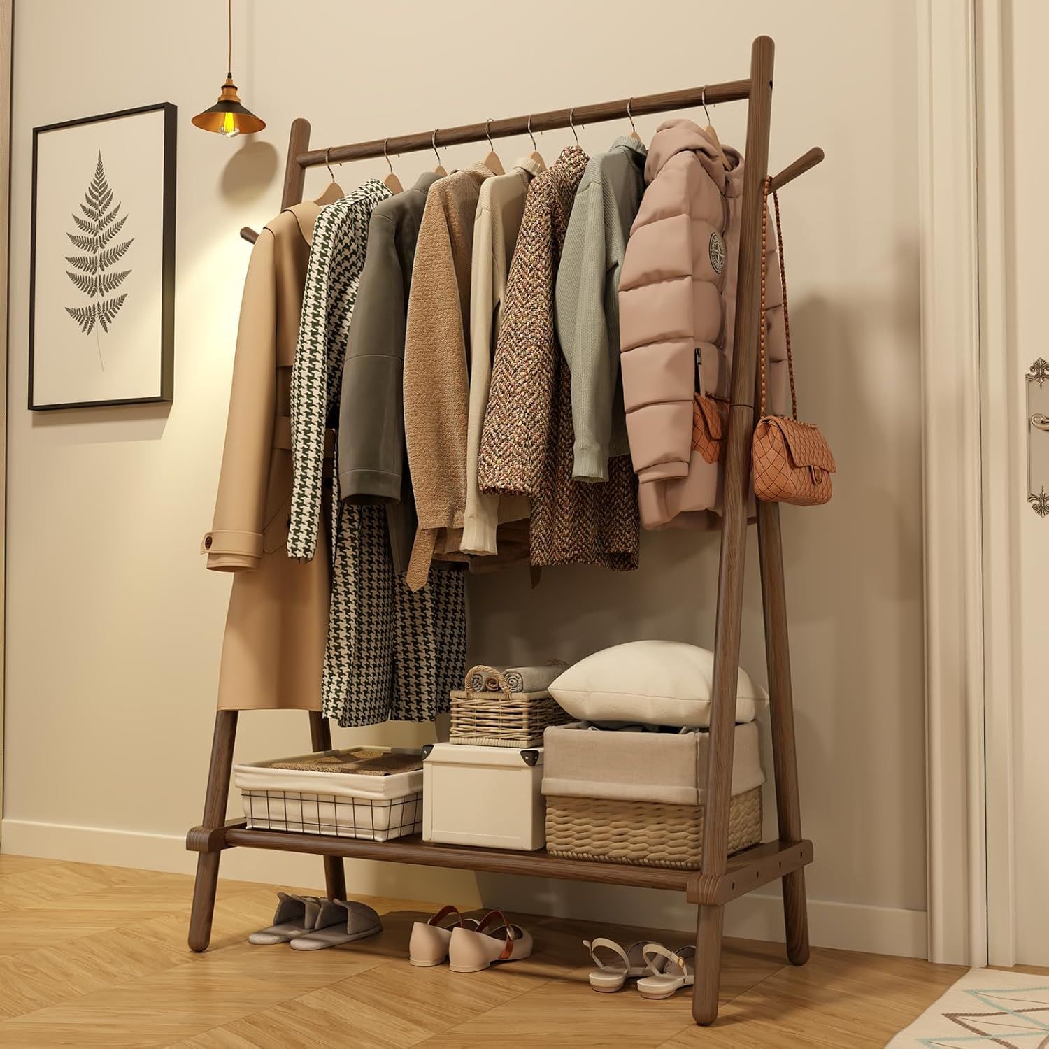 Walnut Rubberwood Portable Clothes Rack with Shelf and Hooks