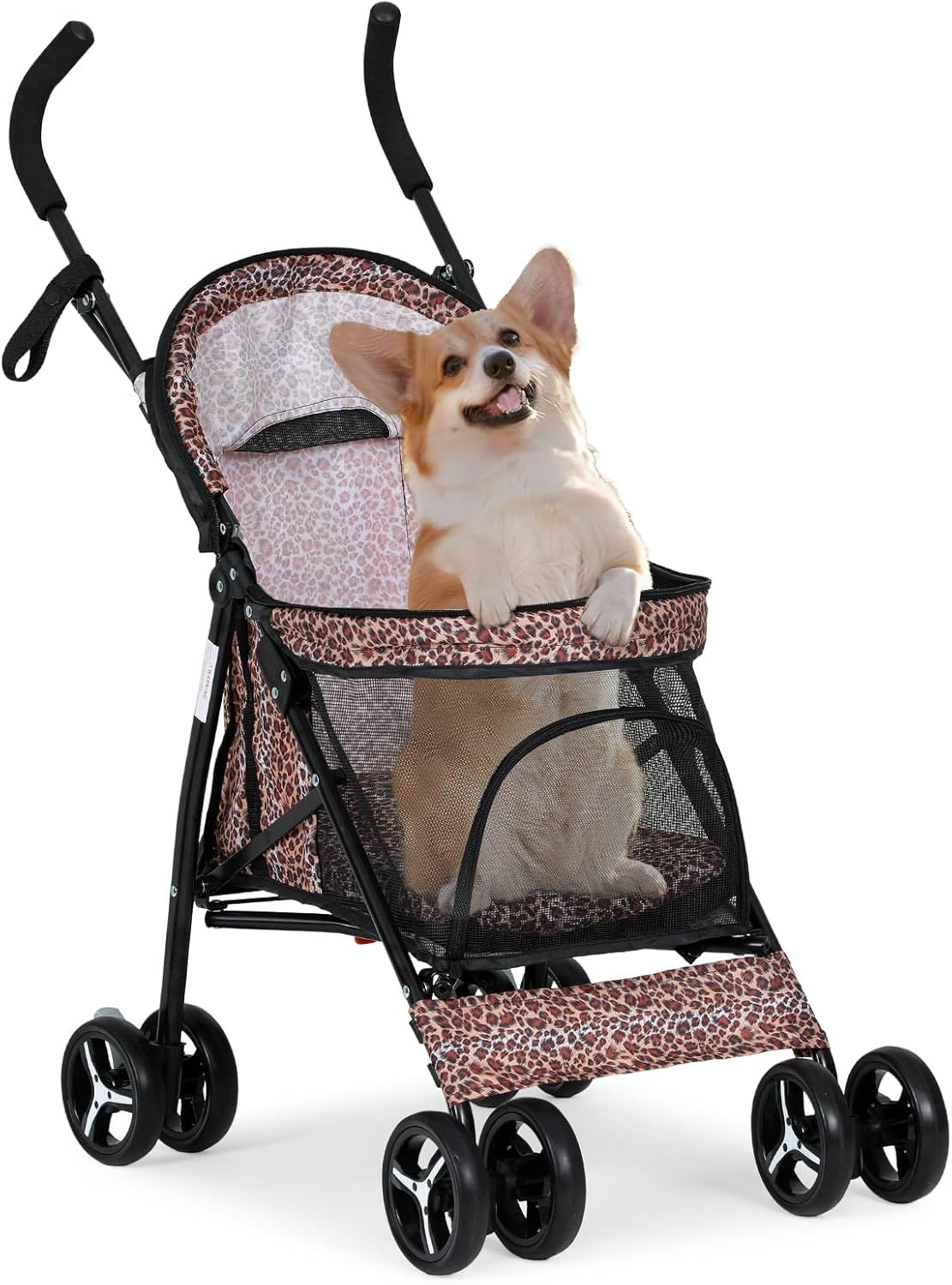 Leopard Print Steel Frame Dog Stroller with Mesh Windows