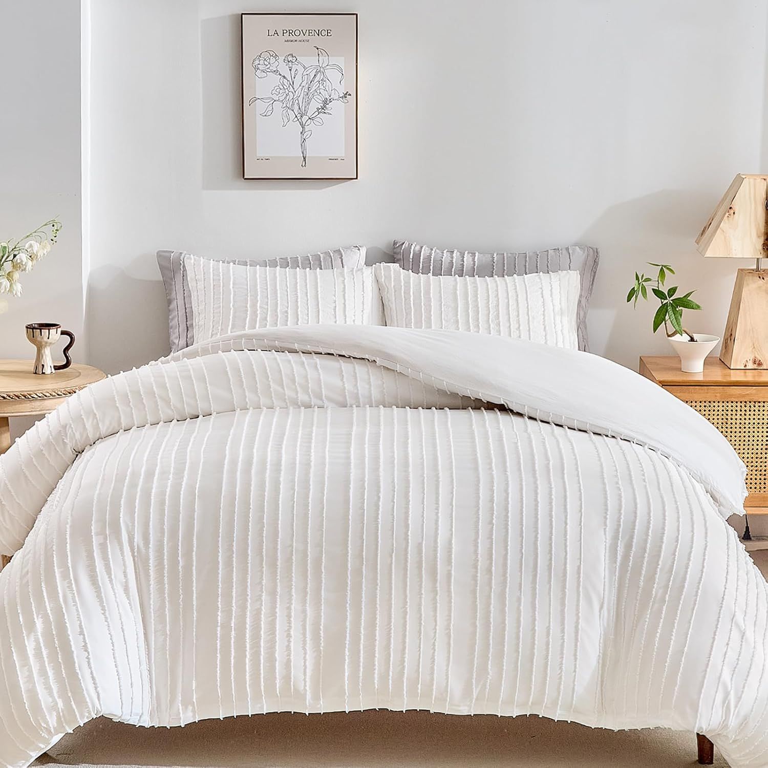 White Striped Tufted Microfiber Queen Duvet Cover Set