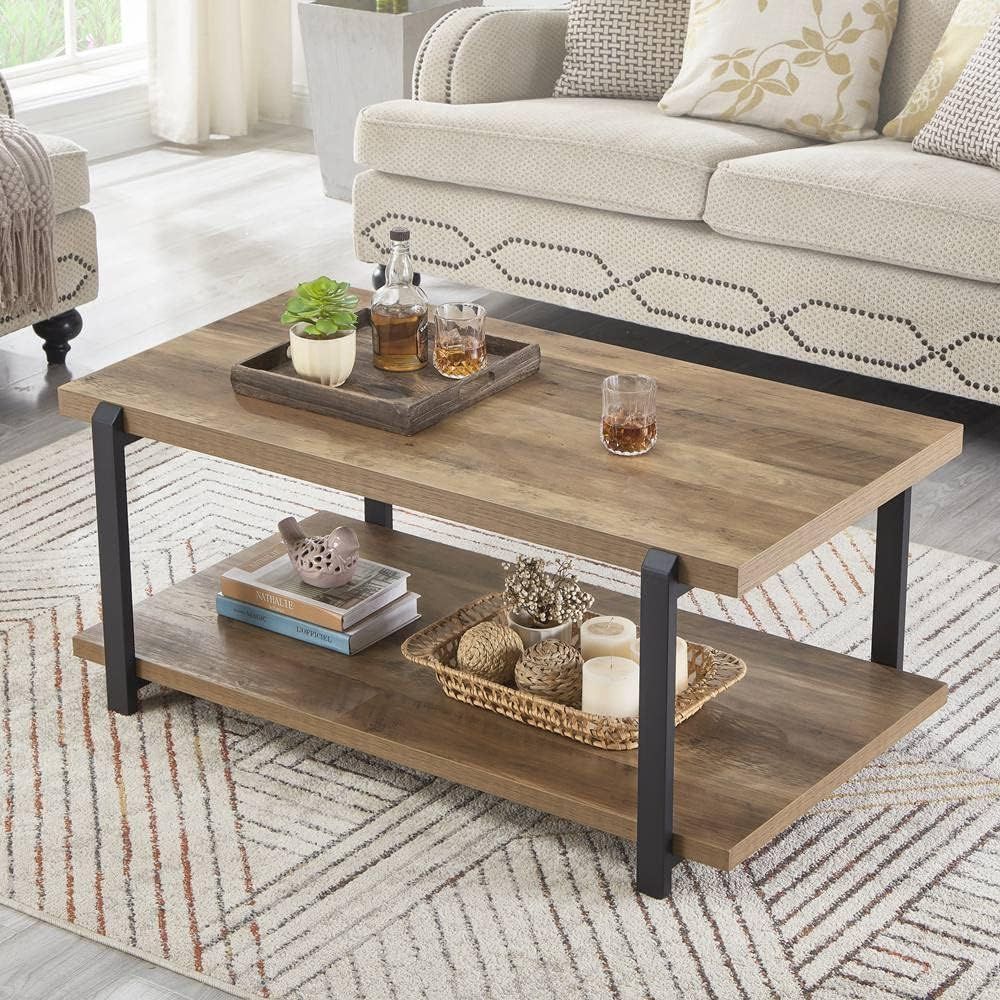 Oak and Black Industrial Rectangular Coffee Table with Shelf