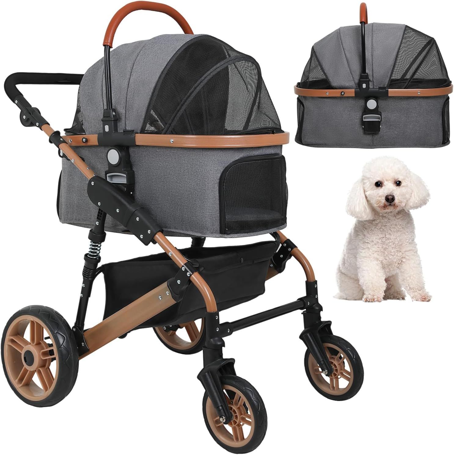 Gray Aluminum Frame 4-Wheel Dog Stroller with Detachable Carrier