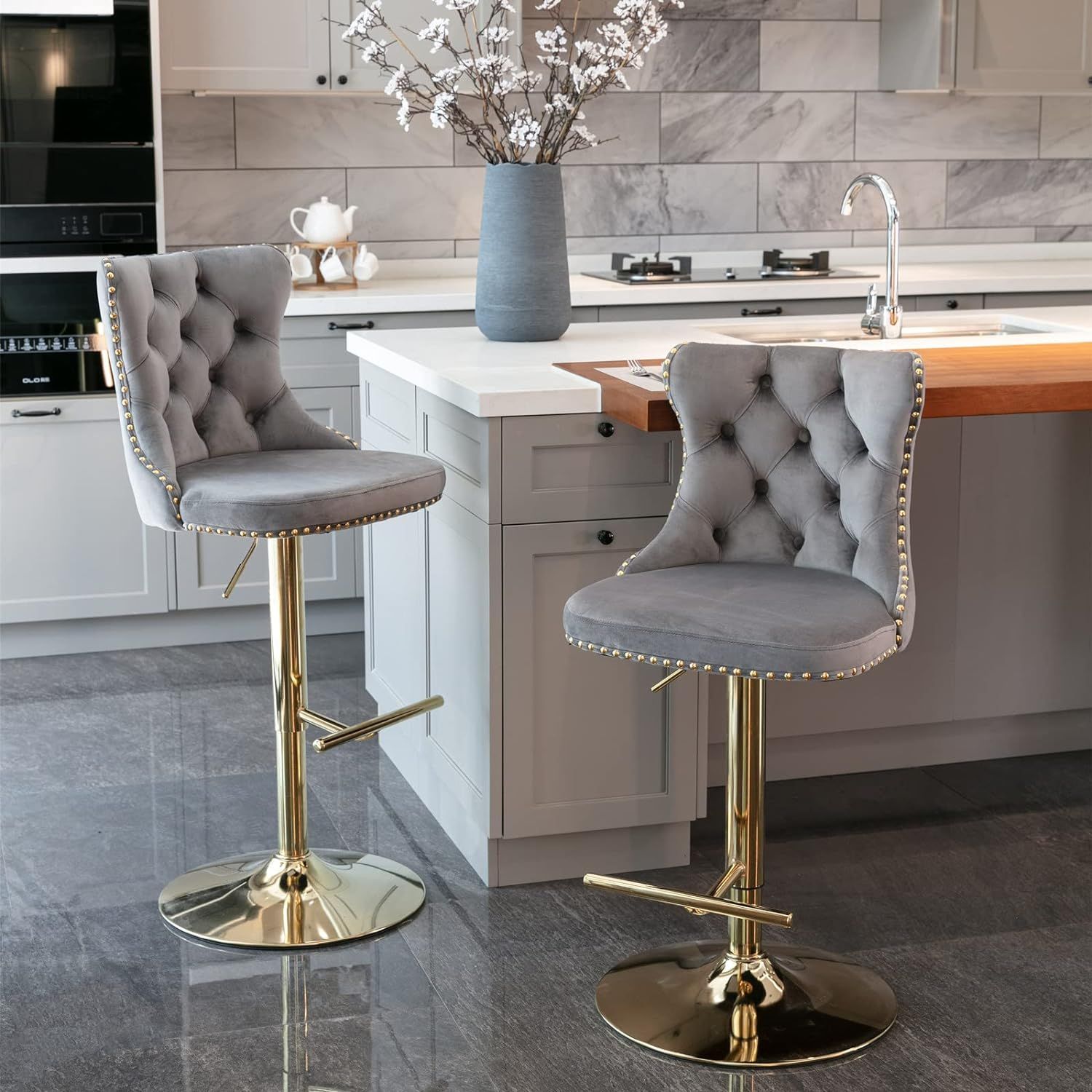 Gray Velvet Adjustable Swivel Bar Stools with Gold Metal Base