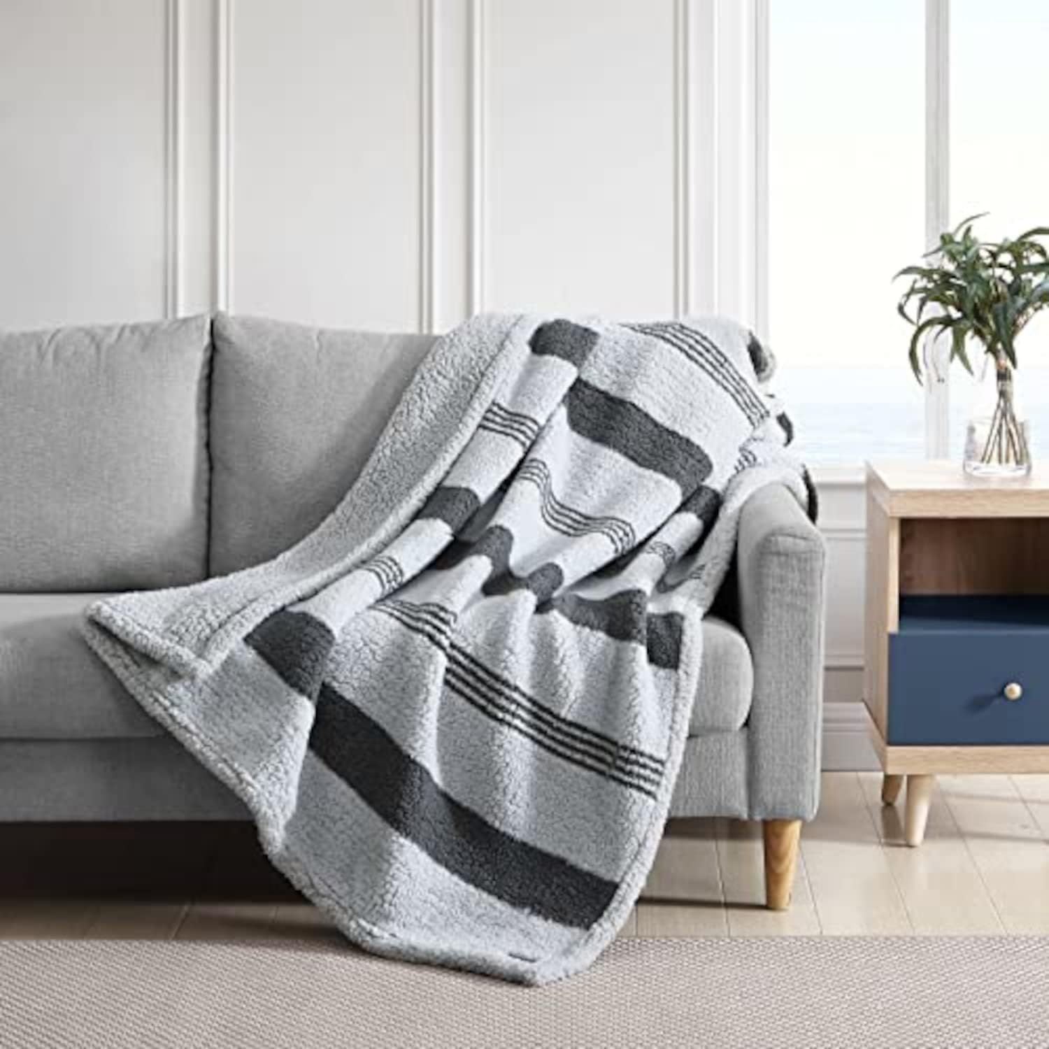 Gray and Dark Gray Heavyweight Fleece Sherpa Reversible Throw Blanket