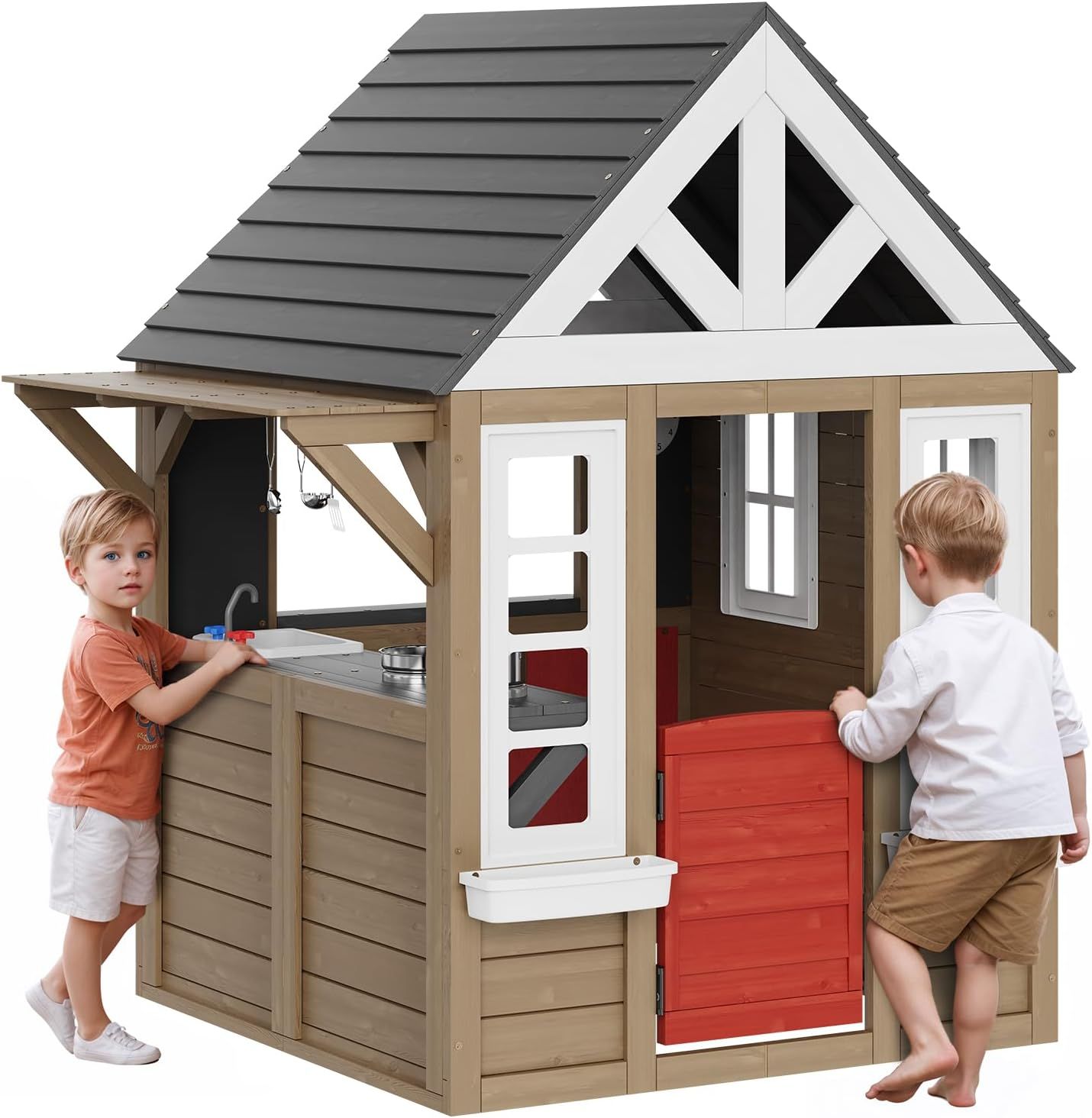 Modern Cedar Outdoor Playhouse with Kitchen and Flower Pot Holder