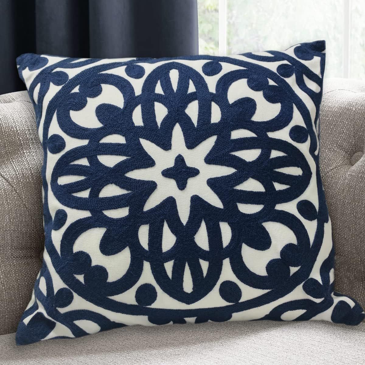 Navy Blue Embroidered Cotton Boho Euro Pillow Cover 18x18