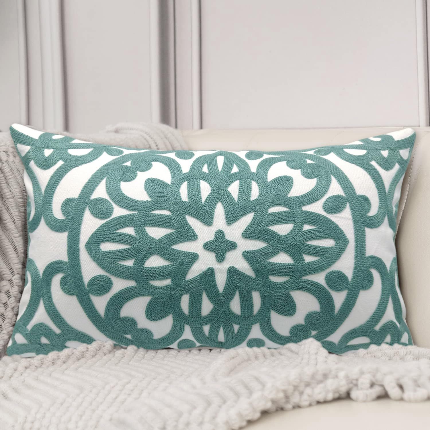 Classic Bohemian Embroidered Cotton Lumbar Throw Pillow