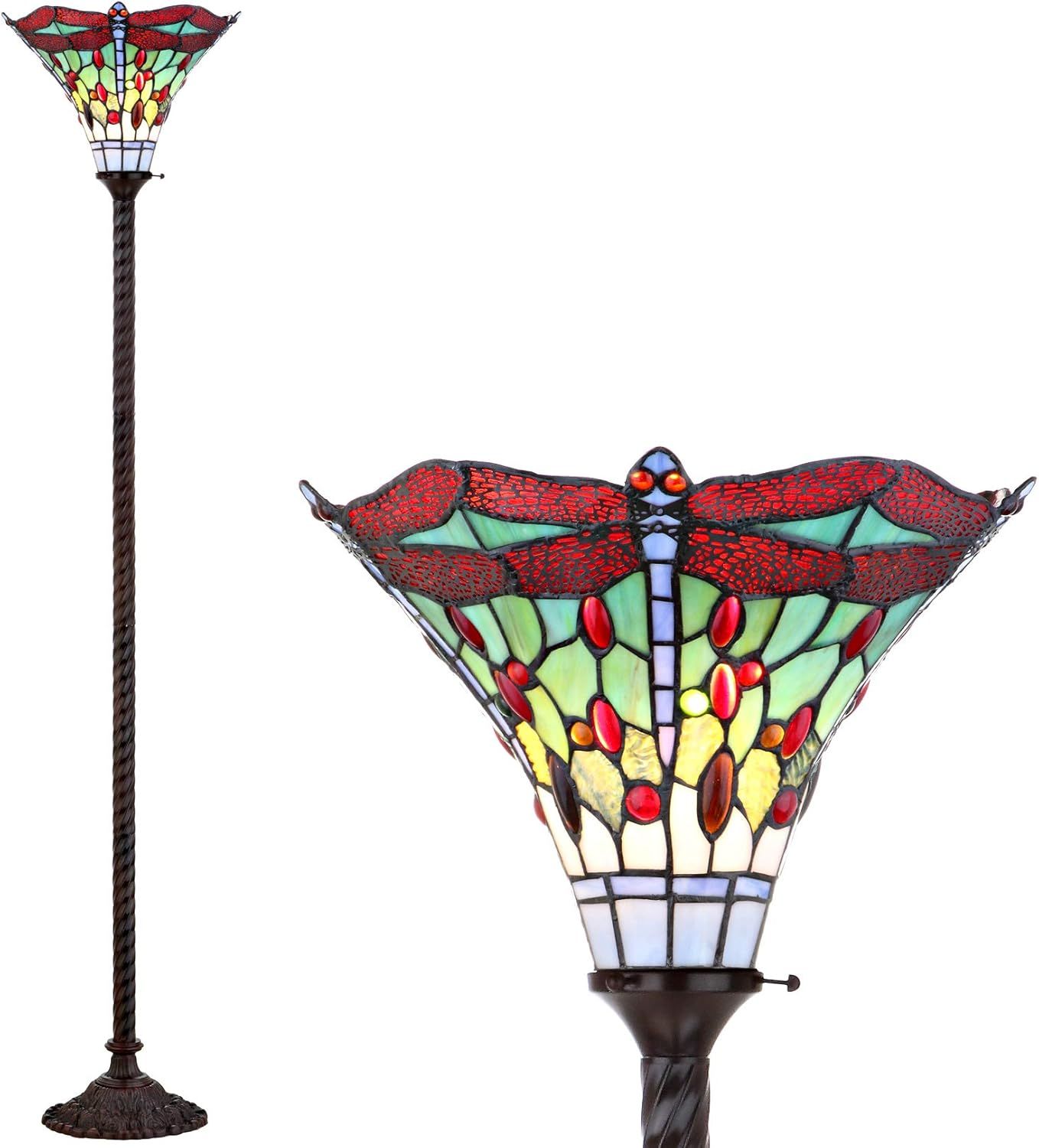 Dragonfly Tiffany-Style 71" Bronze Stained Glass Torchiere Lamp