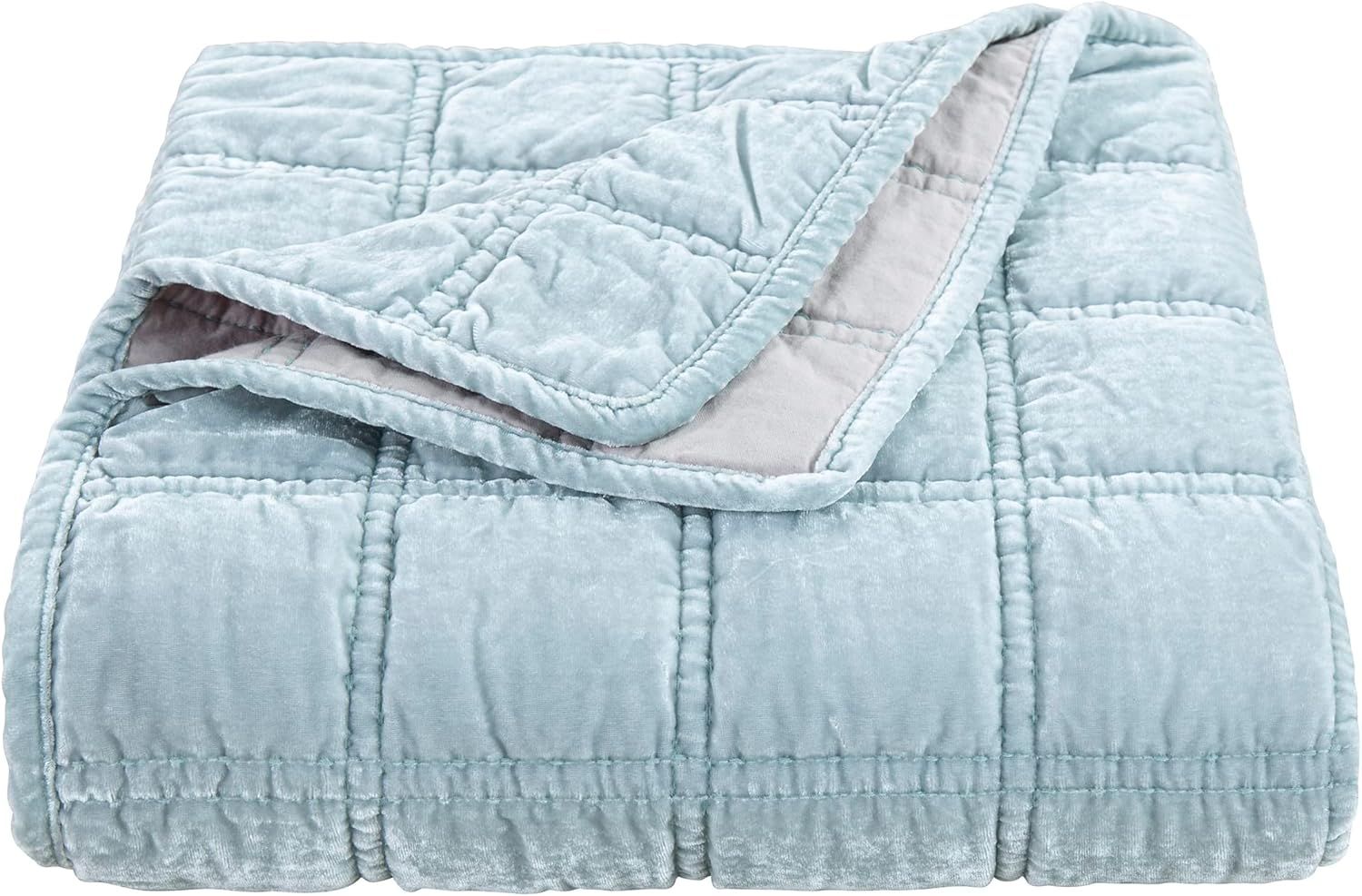 Icy Blue Faux Silk Velvet Quilted Throw Blanket 50x60 Inch