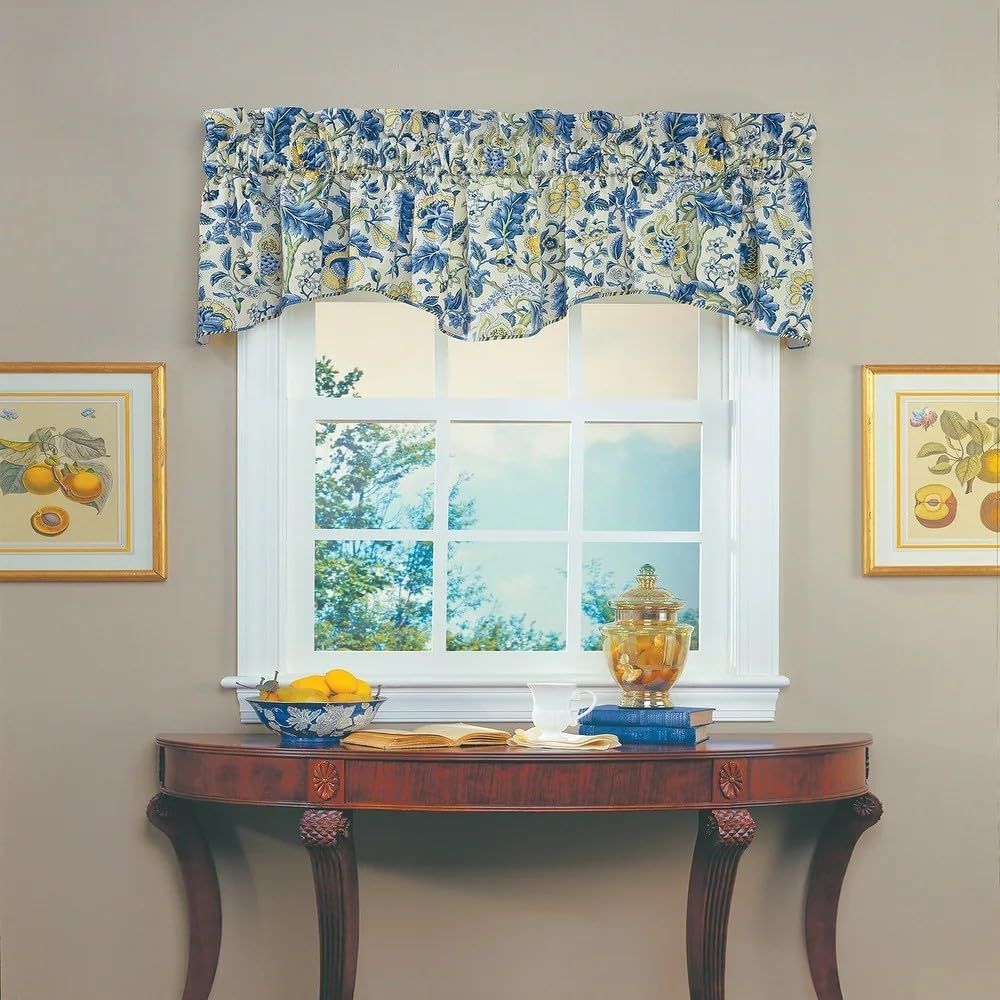 Elegant Porcelain Blue and Ivory Jacobean Floral Cotton Valance, 80" x 18"