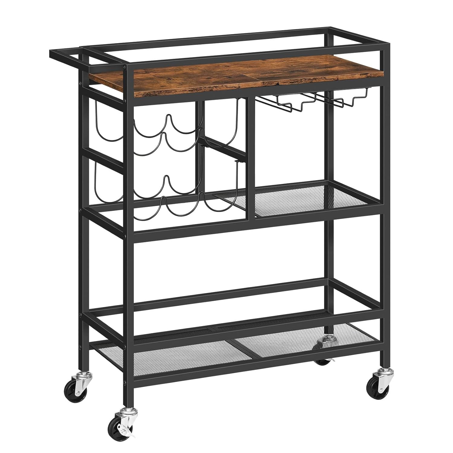 Rustic Brown 3-Tier Bar Cart with Wine Rack and Glass Holders