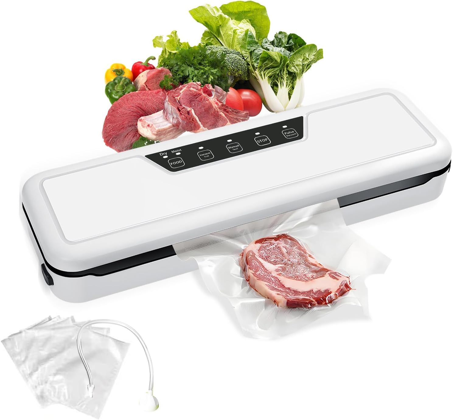 Compact White Vacuum Sealer Machine with Bags and Hose