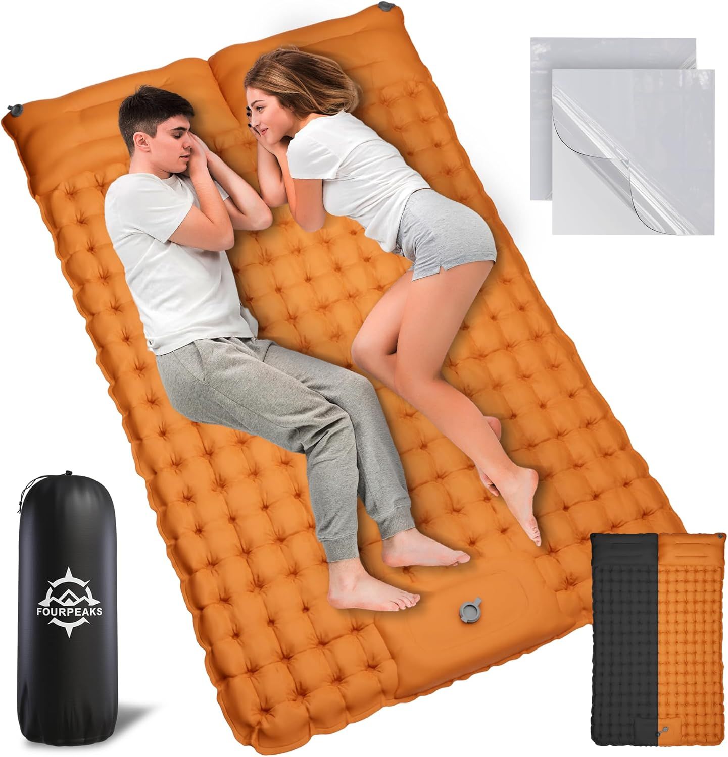 Double Orange and Black Nylon Self-Inflating Sleeping Pad with Pillows