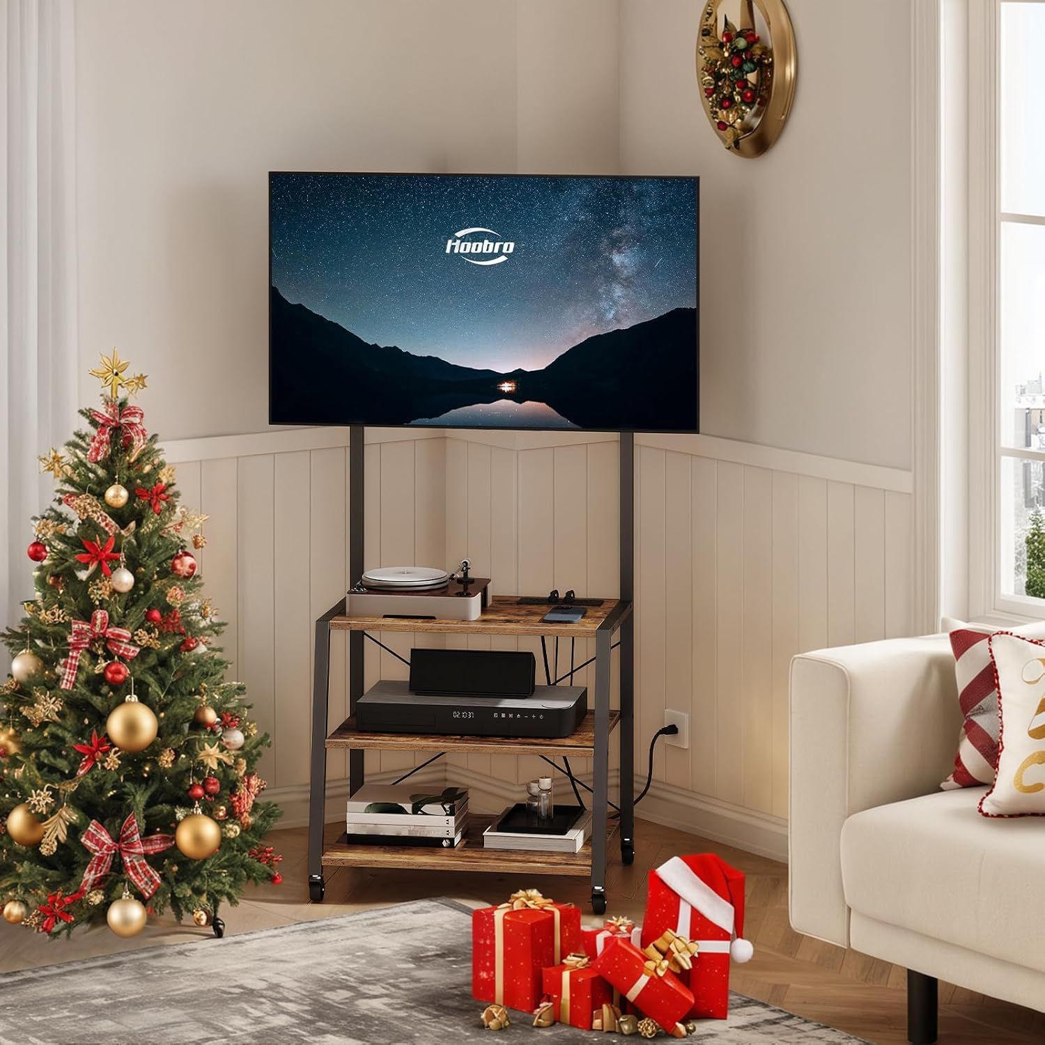 Rustic Brown and Black Corner TV Stand with Mount and Storage Shelves