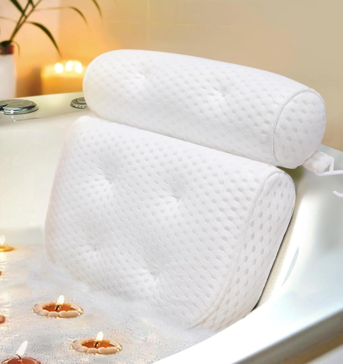 White 4D Mesh Bath Pillow with Neck and Back Support