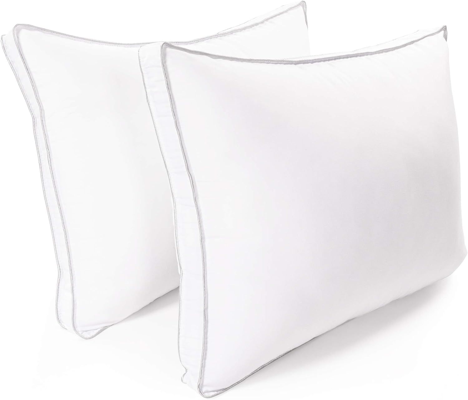 Hypoallergenic White Microfiber Bed Pillows with Gray Piping, Set of 2