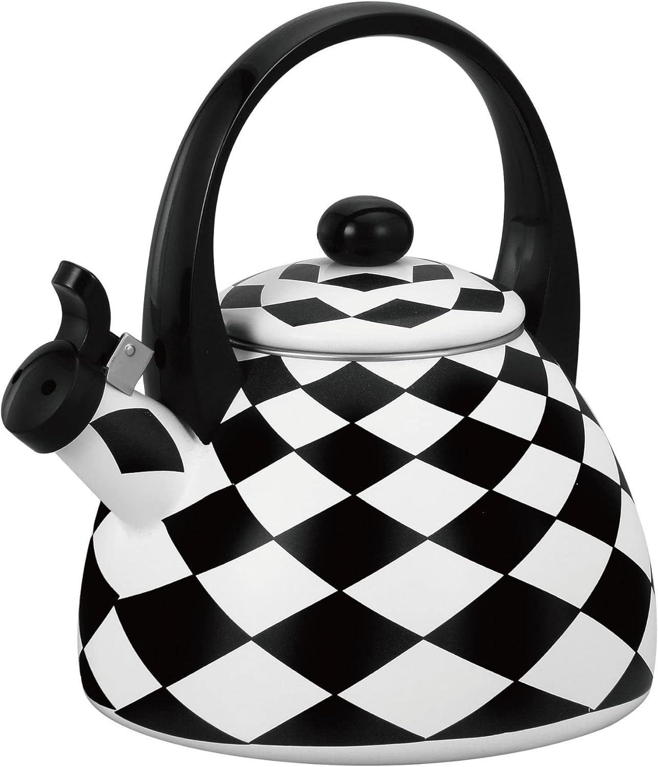 Black Diamond Enamel Whistling Tea Kettle with Checkered Pattern