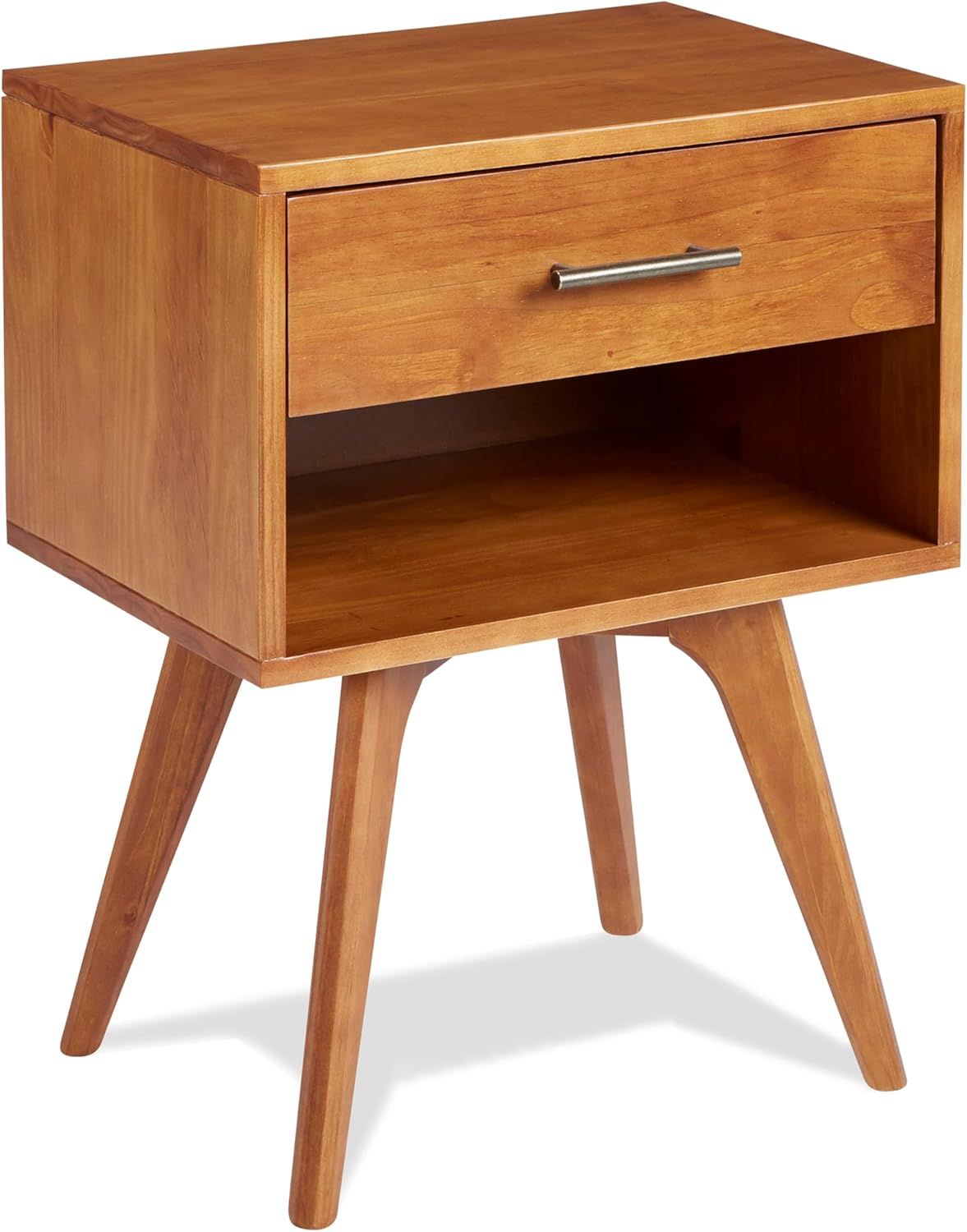 Mid Century Modern Solid Wood Nightstand with Drawer in Castanho Finish