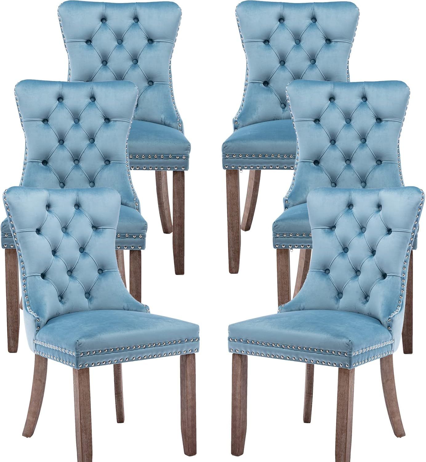 Blue Velvet Dining Chairs Set of 6, Kitchen & Dining Room Chairs Set of 6, Tufted Dining Chairs, Velvet Upholstered Dining Chairs, Solid Wood Frame (Light Blue, 6 Pcs)