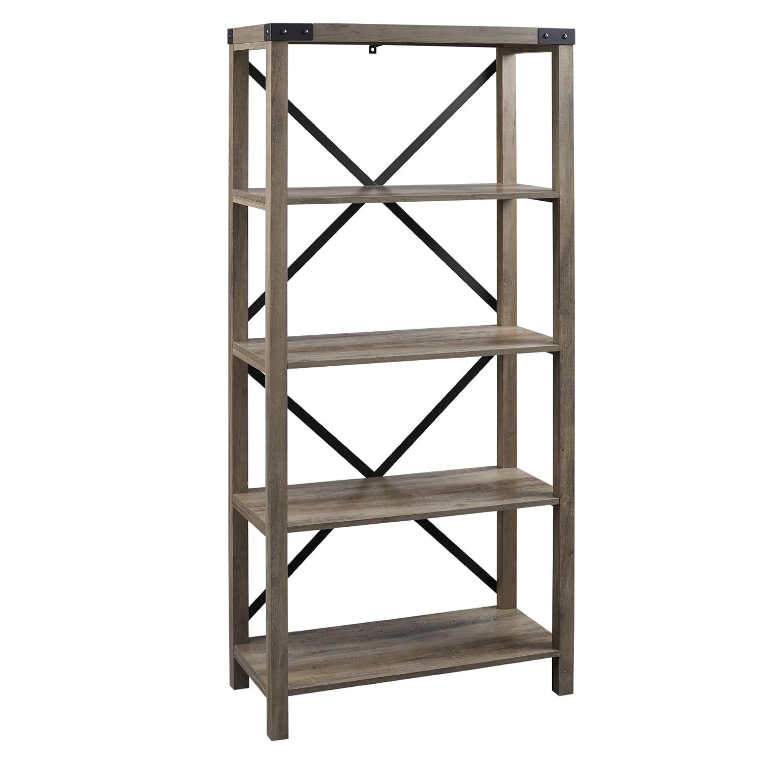 Rustic Industrial Dark Walnut 64" Wall Mount Bookshelf with Metal Accents