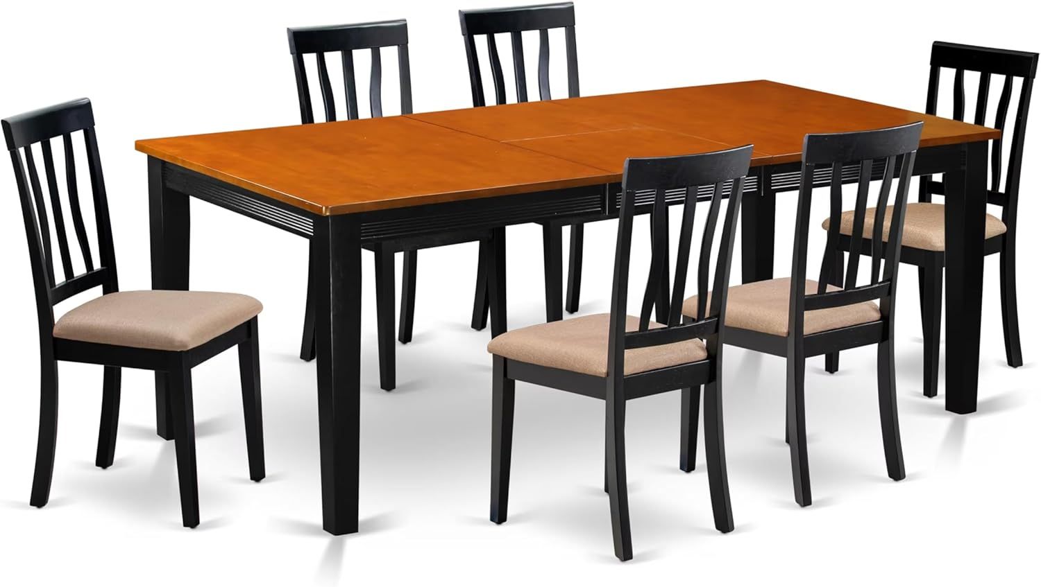 Rectangular Black and Cherry Wood Dining Set with 6 Upholstered Chairs