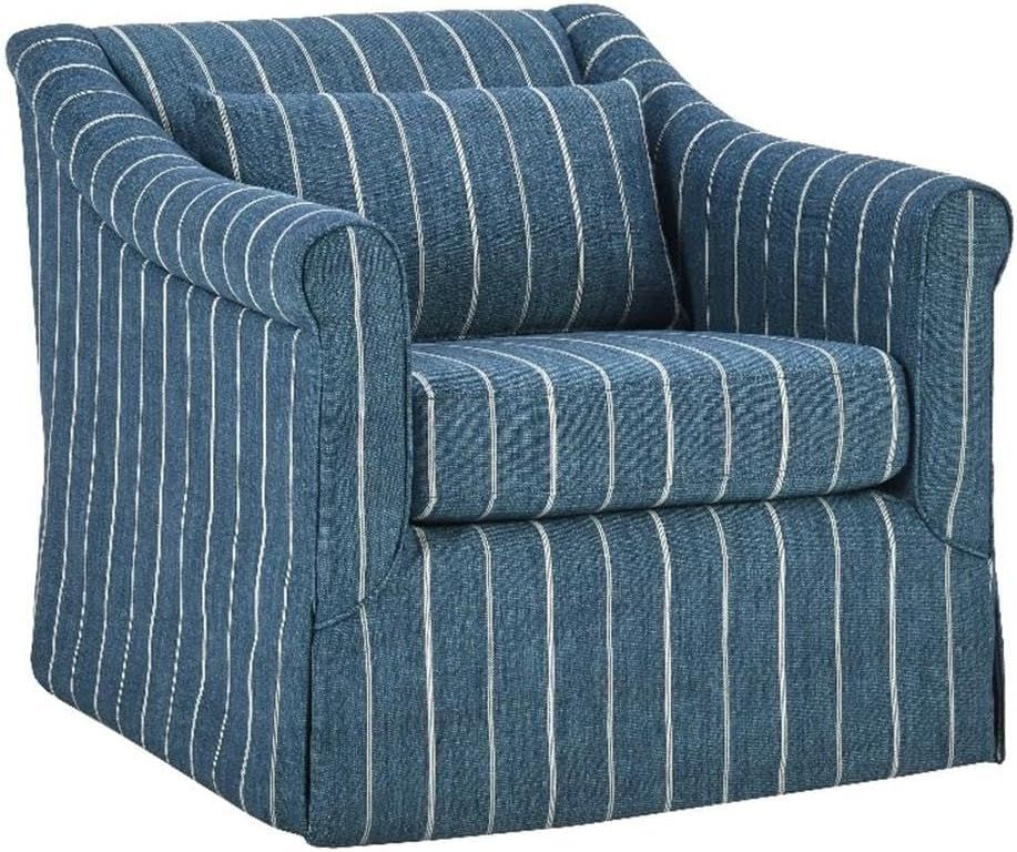 Blue Striped Linen Swivel Accent Chair with Rolled Arms