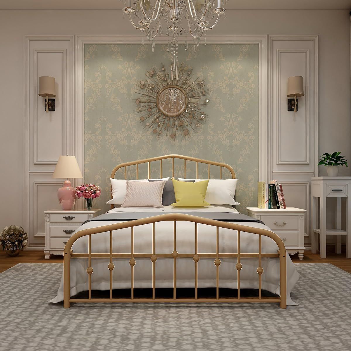 Full Size Black Metal Bed Frame with Vintage Headboard and Slats