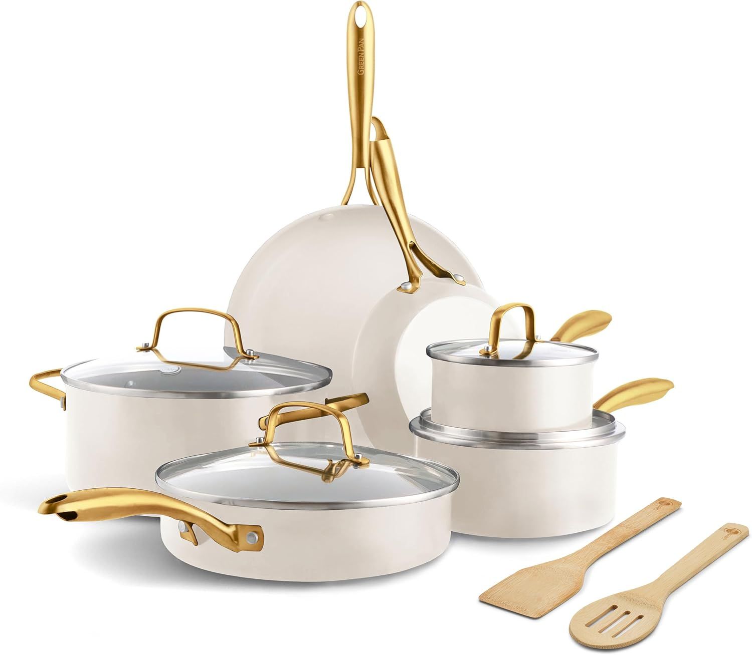 Cream Aluminum Nonstick 12-Piece Cookware Set with Gold Handles