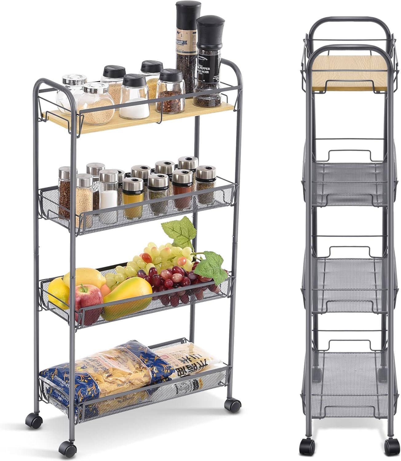 Slim 4-Tier Gray Metal Rolling Cart with Wooden Top