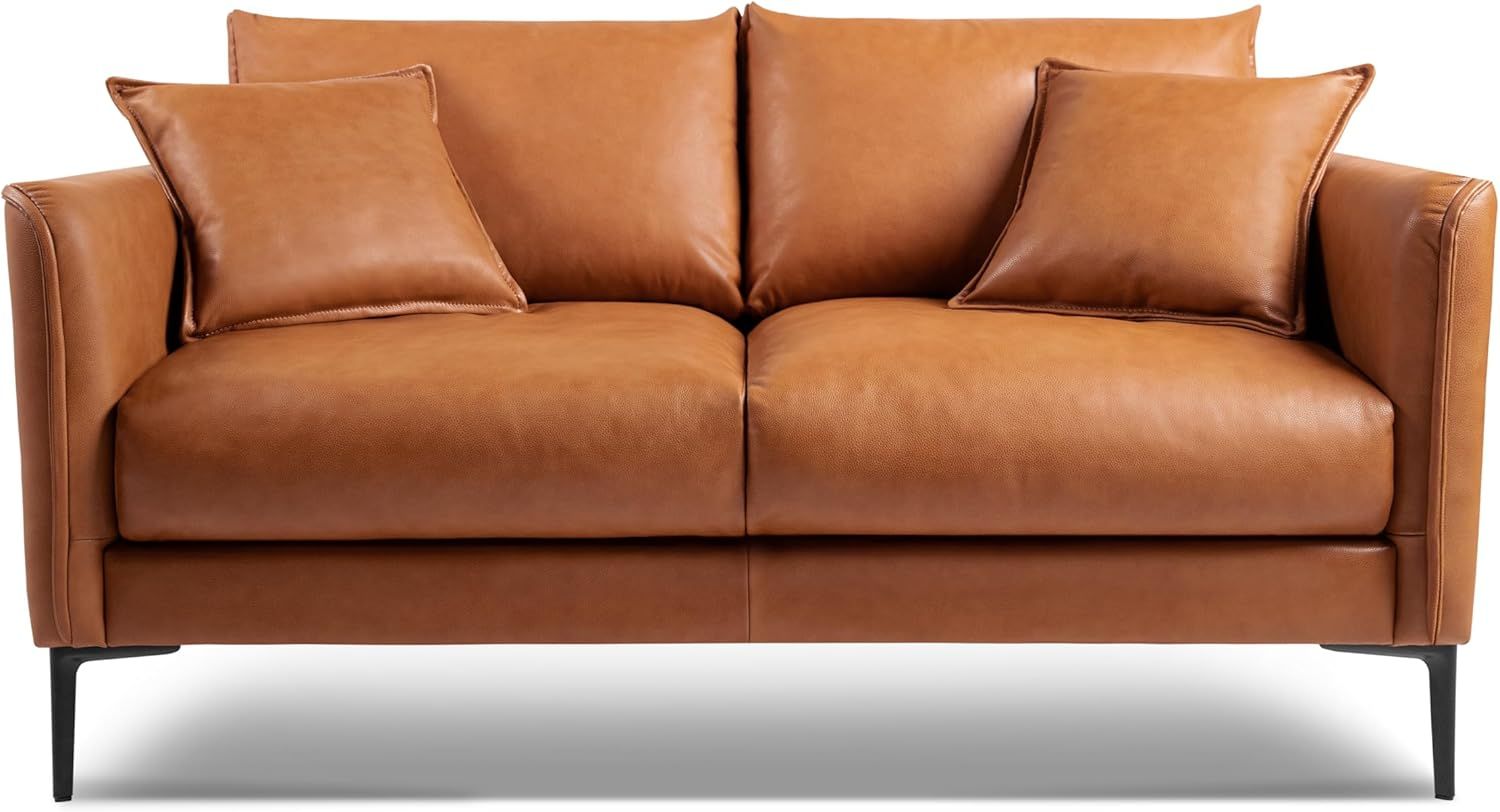 Cognac Brown Leather Loveseat with Removable Cushions and Wood Frame