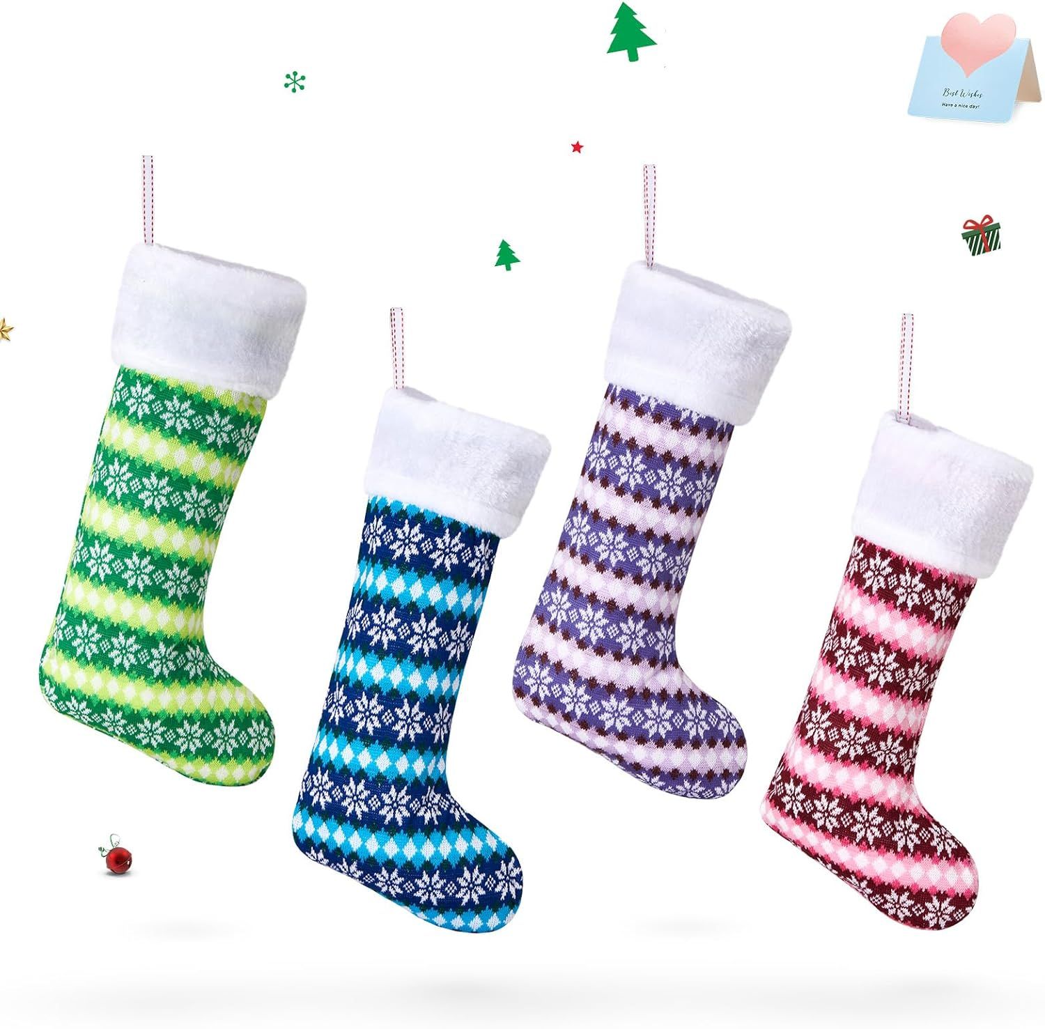 Colorful Knitted Christmas Stockings with Furry White Edge, 20''