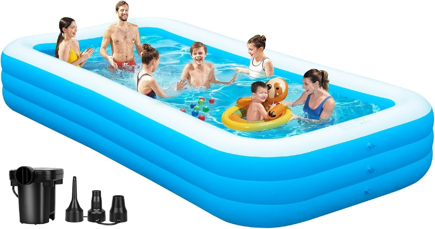 Large Blue Rectangular Inflatable Pool with Pump