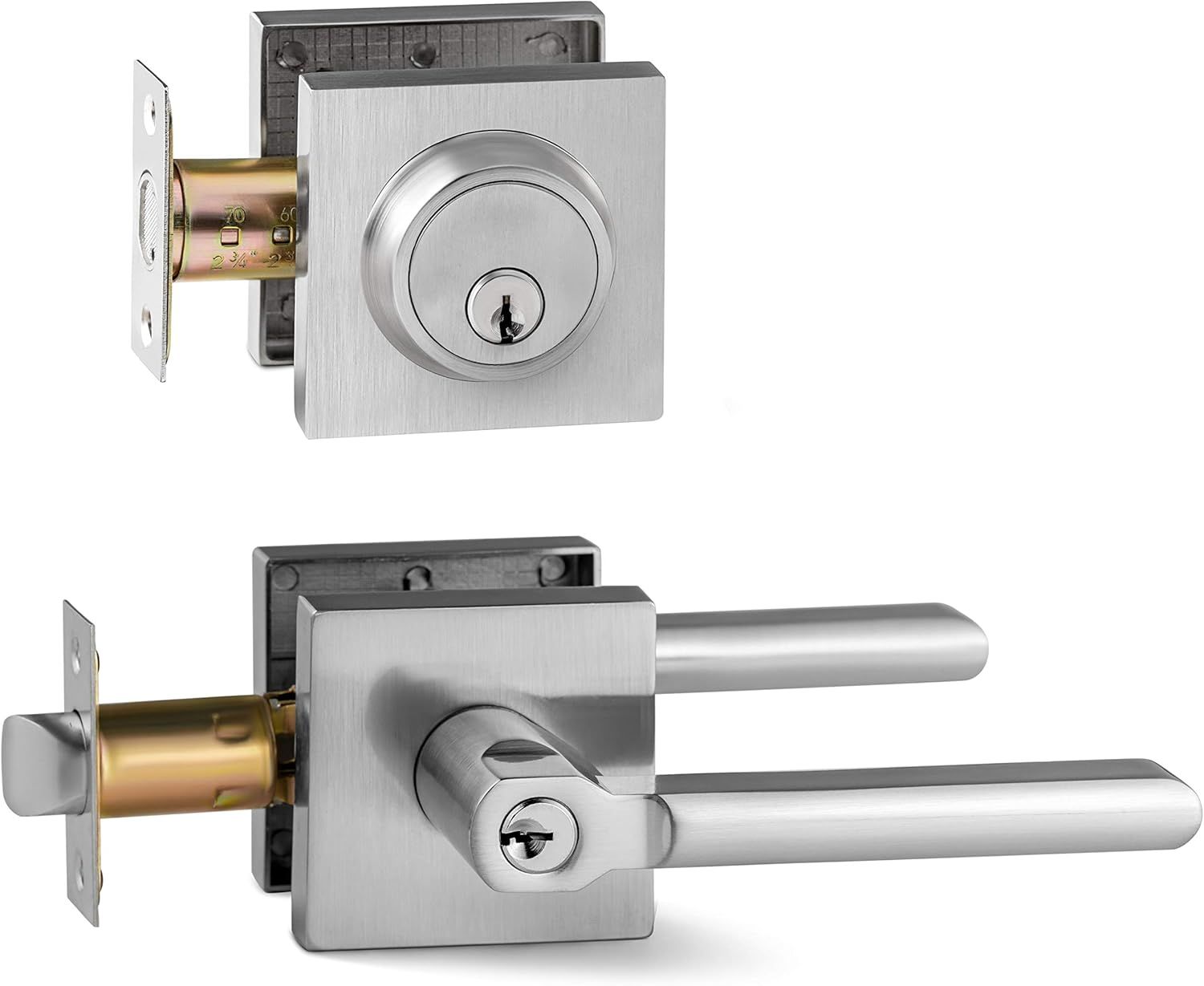 Satin Nickel Entry Lever Door Handle and Deadbolt Lock Set