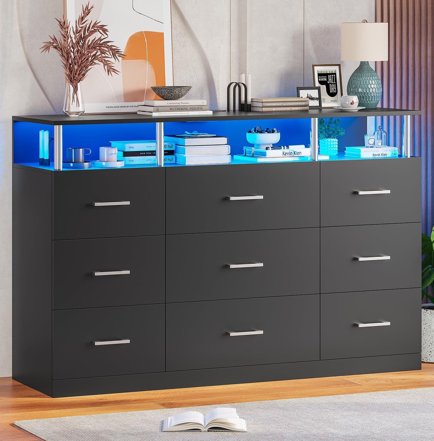 Modern Black 9-Drawer Dresser with LED and Charging Station