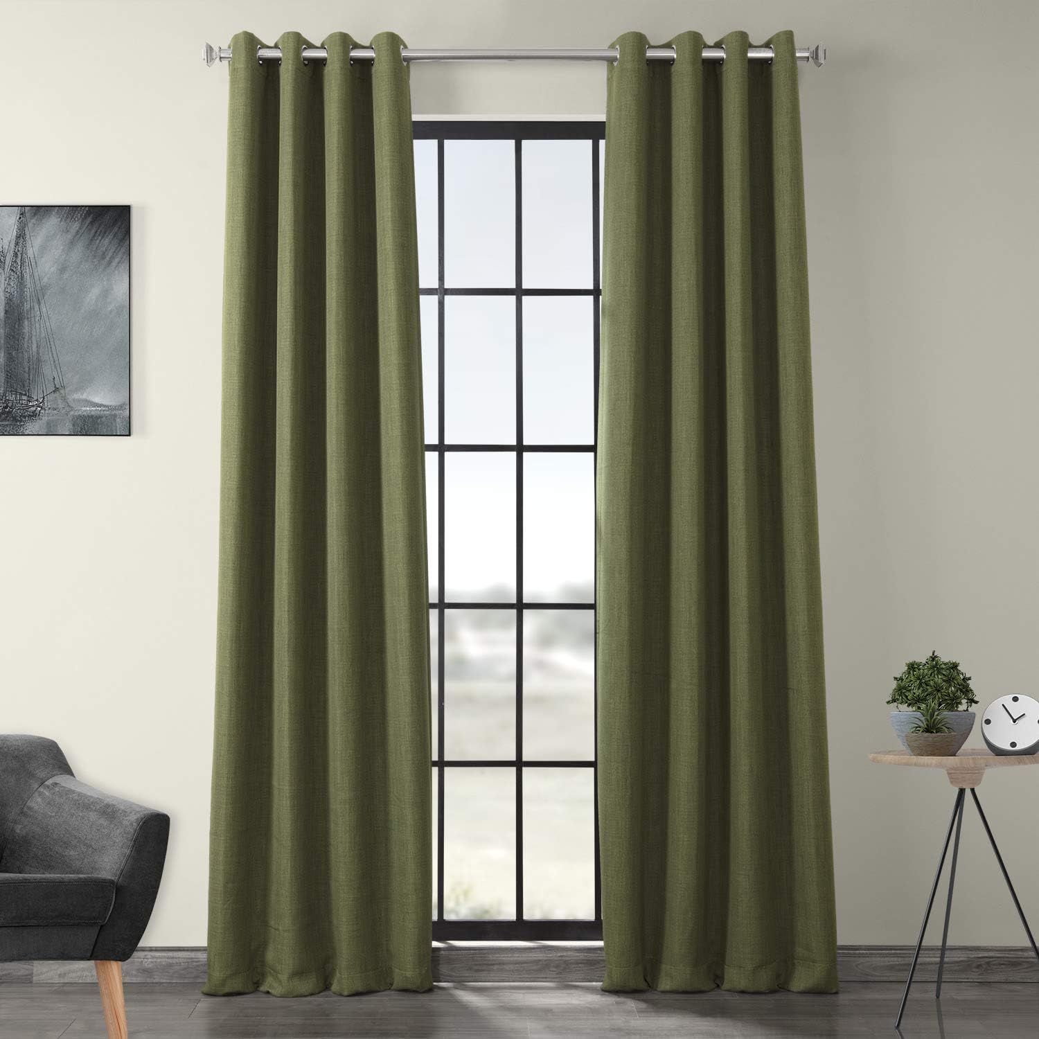 Tuscany Green Faux Linen Blackout Grommet Curtain Panel