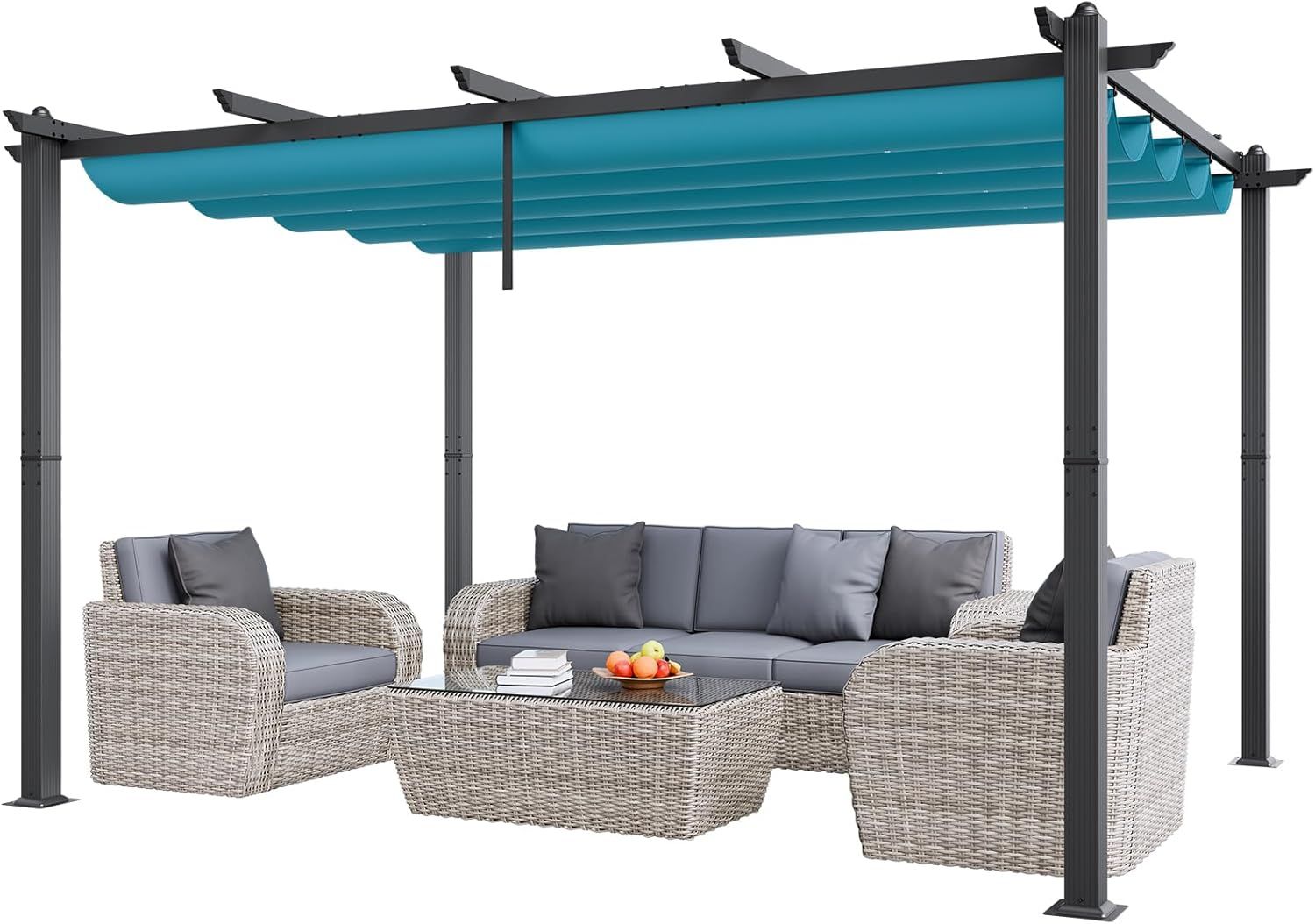 Modern Black Aluminum Pergola with Blue Retractable Canopy