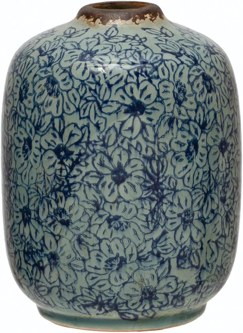 Distressed Blue Ceramic Floral Bouquet Vase 6.5" H