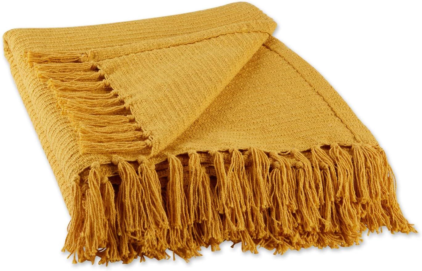 Honey Gold Ribbed Cotton Throw Blanket with Fringe, 50x60