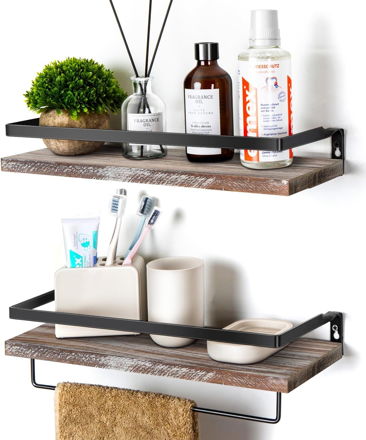 Whitewashed Gray Pine Floating Shelves with Towel Bar - Set of 2