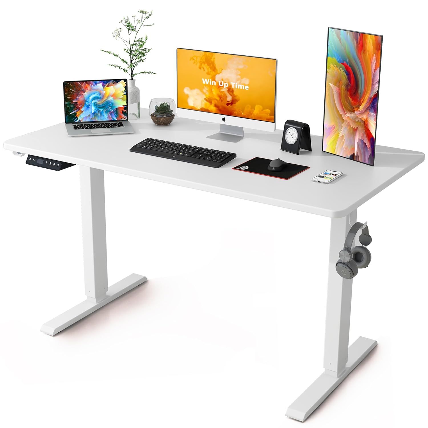 White Adjustable Height Electric Standing Desk with Steel Frame