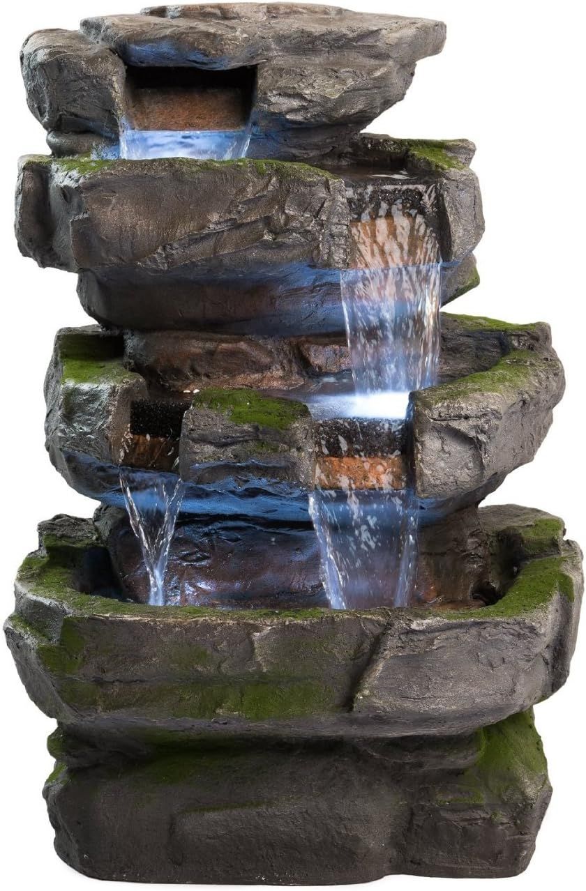 Moss Covered Gray Resin Rock Fountain with LED Lights