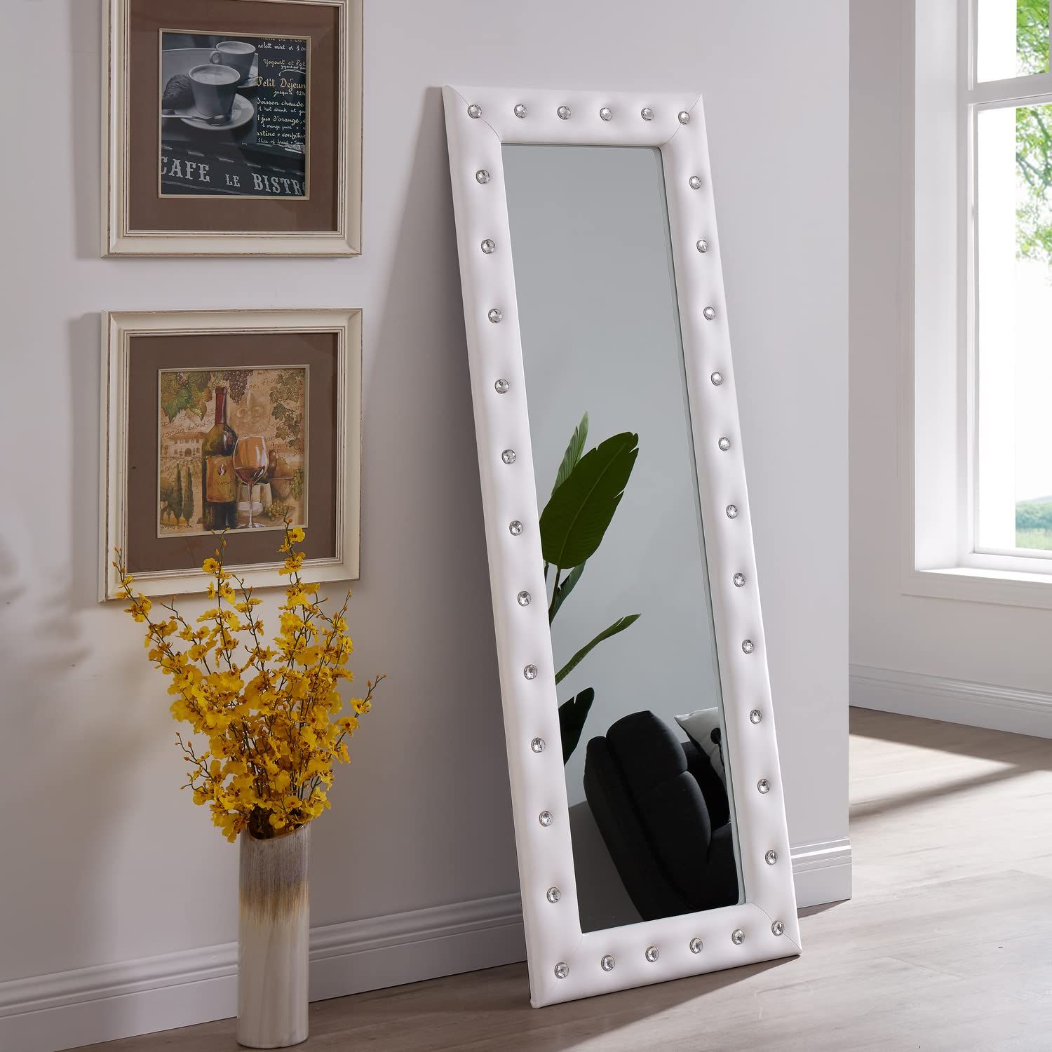 Crystal Tufted White Faux Leather Full Length Mirror