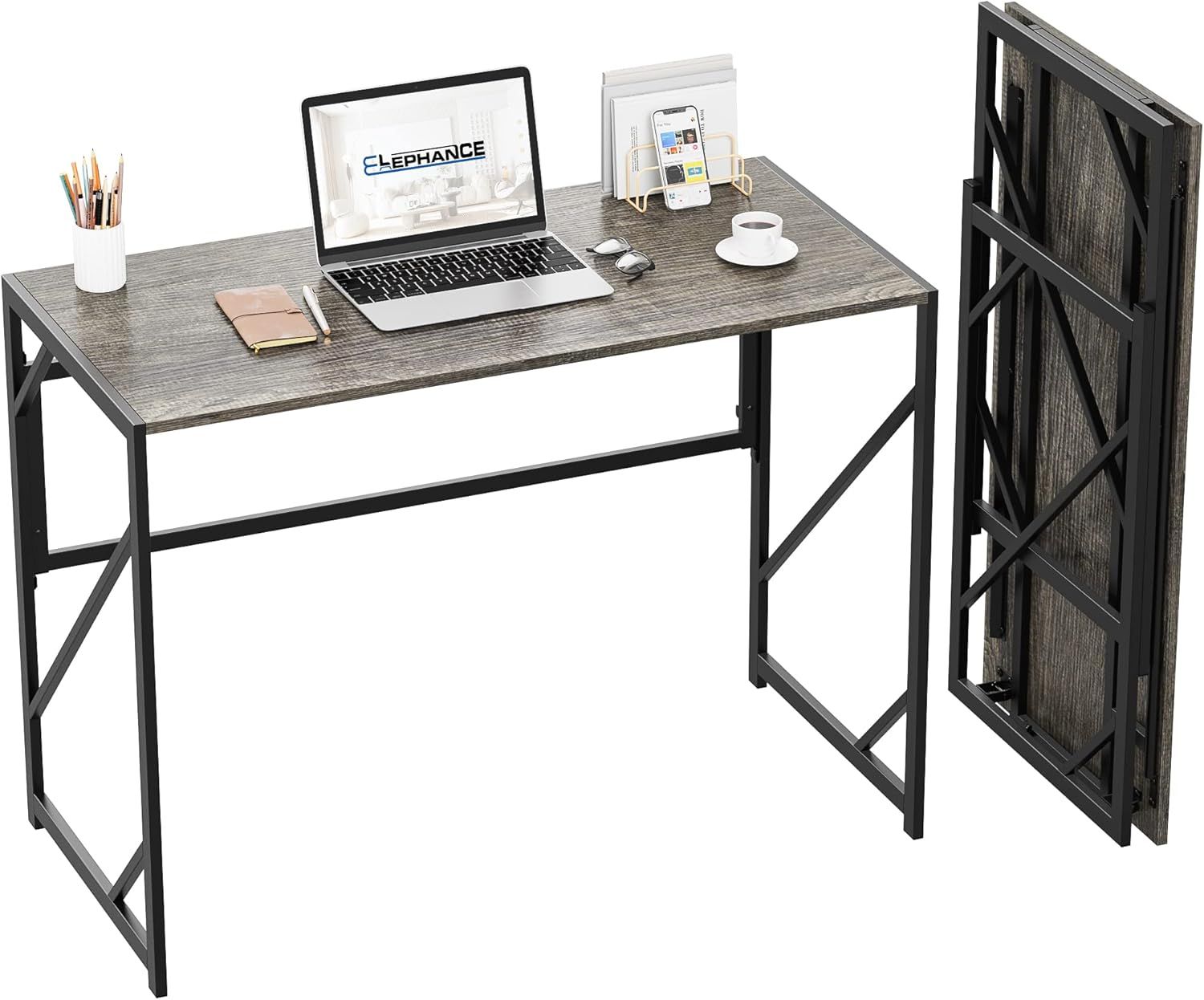 Black Oak Foldable Rectangular Computer Desk with Steel Frame