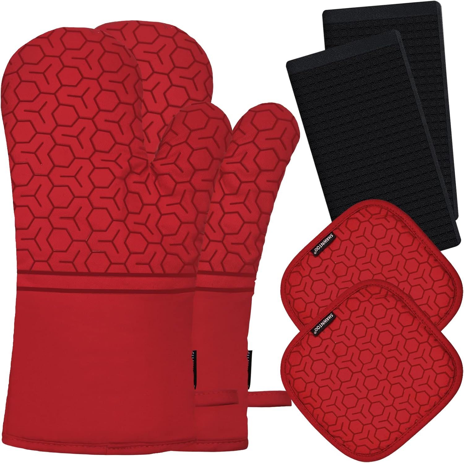 Red Heat-Resistant Silicone Oven Mitts and Pot Holders Set