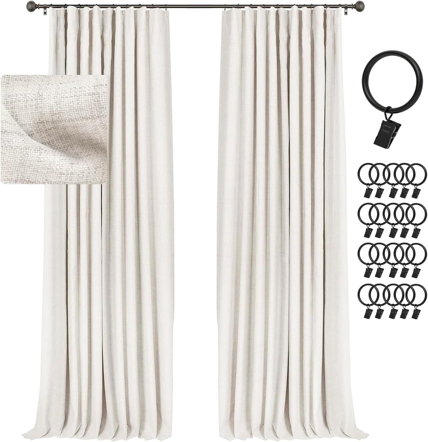 Beige Linen Blackout Curtains with Rod Pocket and Clip Rings, 84 Inches Long