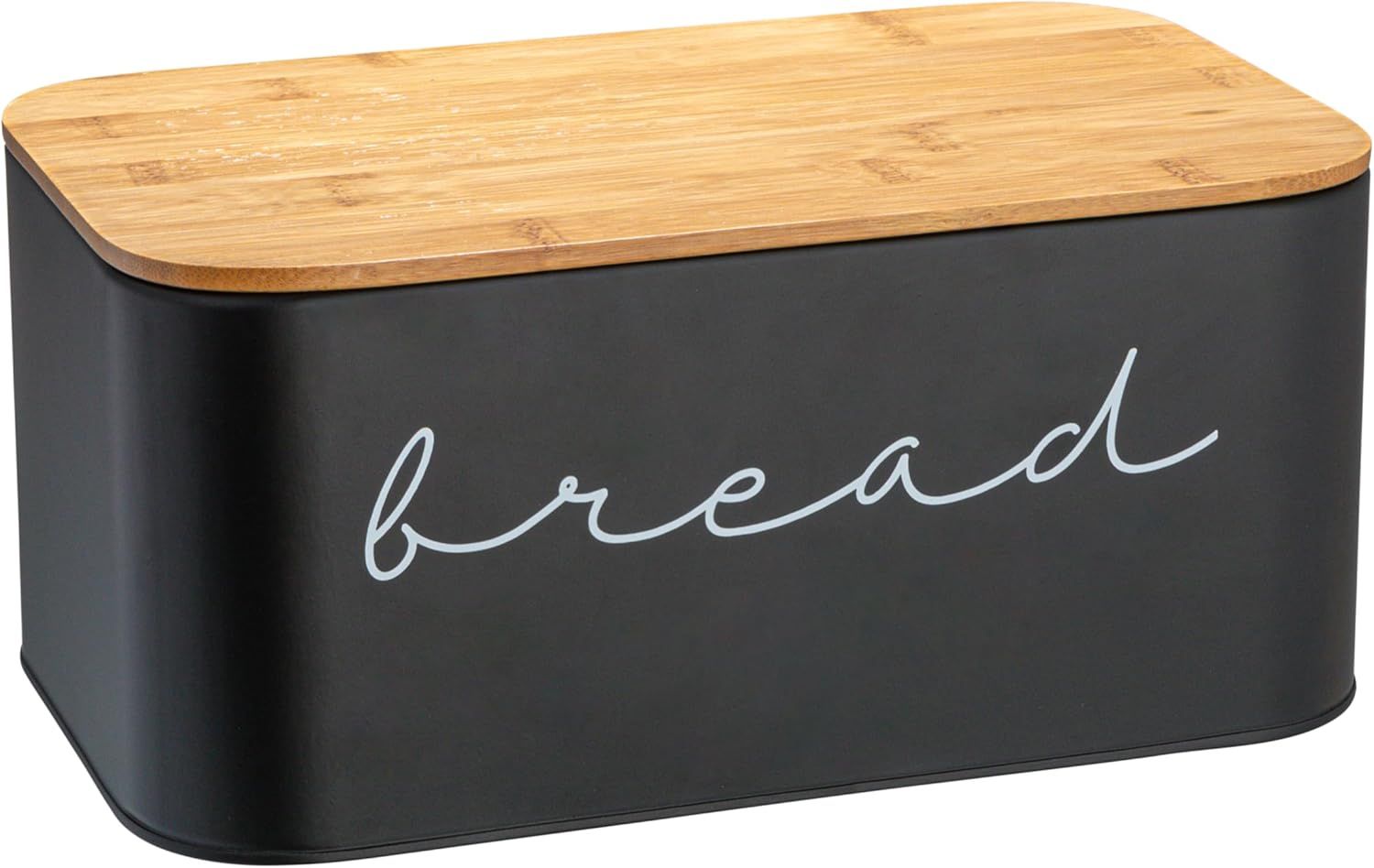 Black Metal Bread Bin with Bamboo Lid, 11.75"L x 7"H